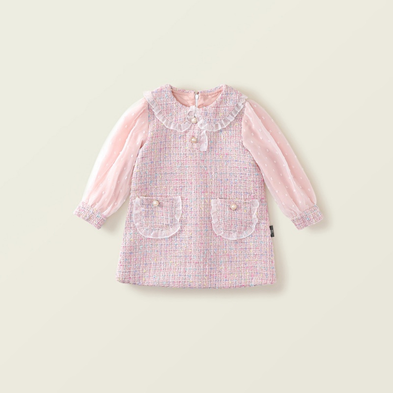 Baby Girl Fake Two Lace Mesh Sleeves Long Sleeve Dress