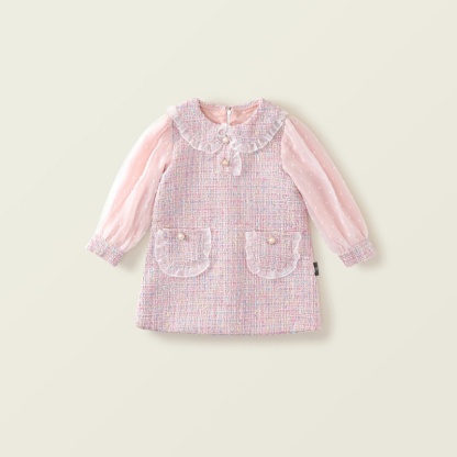 Baby Girl Fake Two Lace Mesh Sleeves Long Sleeve Dress