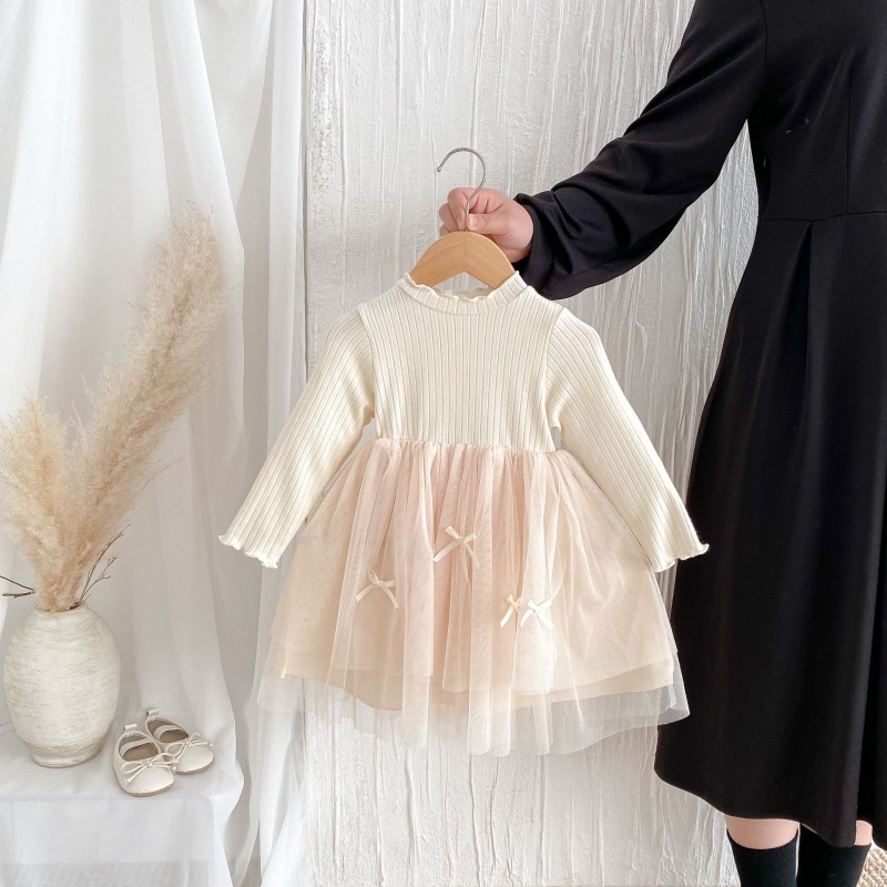 Baby Girl Colour Threaded Wooden Earring Patchwork Long Sleeve Dress