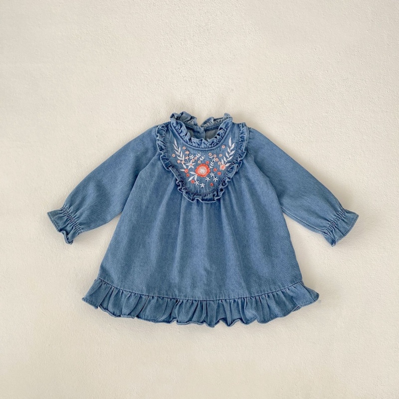 Baby Girl Floral Embroidery Denim Long Sleeve Dress