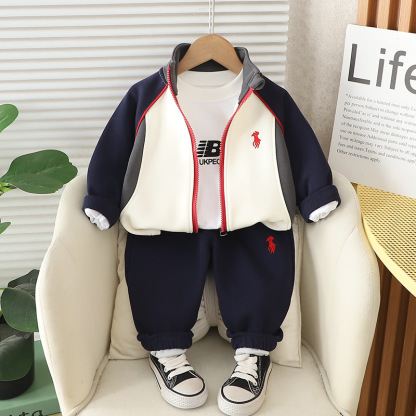 3pcs Baby Boy Zip Up High Neck Embroidered Pony Long Sleeve Set