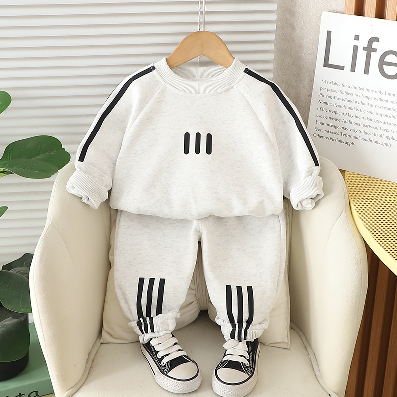 2pcs Baby Boy Long Sleeve Round Neckline With Vertical Stripes Set