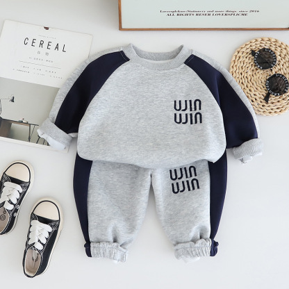 2pcs Baby Boy Long Sleeve Embroidered Letter Round Neck Set