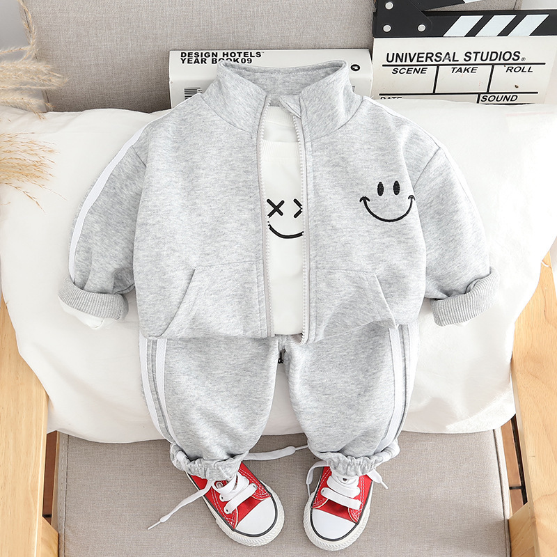 3pcs Baby Boy Smiley Zip Long Sleeve Set