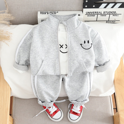 3pcs Baby Boy Smiley Zip Long Sleeve Set