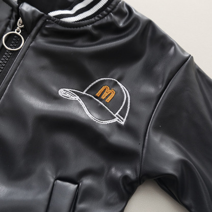 2pcs Baby Boy Leather Baseball Jersey Long Sleeve Set