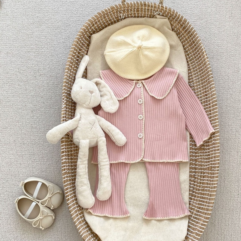 2pcs Baby Girl Lapel Long Sleeve Cardigan Micro Flared Trousers Set
