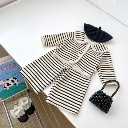 2pcs Baby Girl Striped Simple Lapel Long Sleeve Top Casual Wide Leg Trousers Set