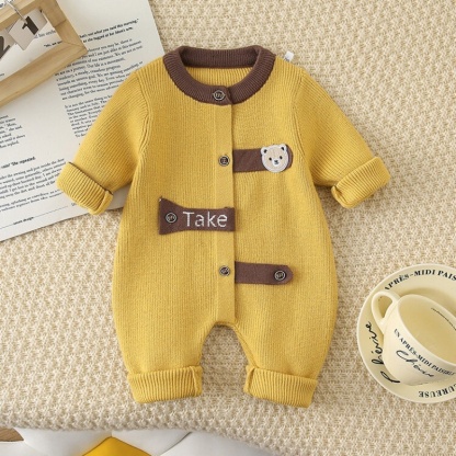 Baby Girl/Boy Cute Cartoon Striped Knitted Bear Long Sleeve Romper