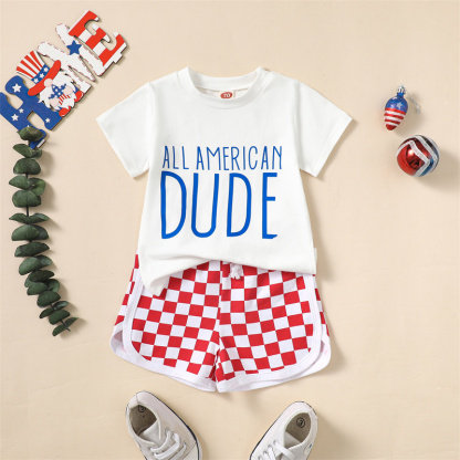 2pcs Baby Boy/Girl Independence Day Red and White Checkered T-shirt with Pant Set