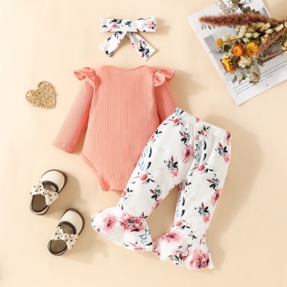 2pcs Baby Girl Cute Alphabetical Flowers Long Sleeve Set With Hairband