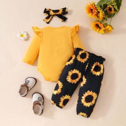 2pcs Baby Girl Cute Alphabetical Flowers Bow Long Sleeve Set With Hairband