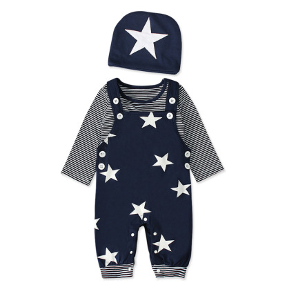 Baby Boy Stars and Stripes Suspenders Trousers + Long-sleeved T-shirt with hat three-piece set