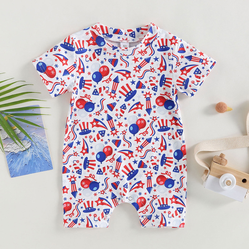 Baby Boy/Girl Independence Day Flag Print Crew Neck Short Sleeve Romper