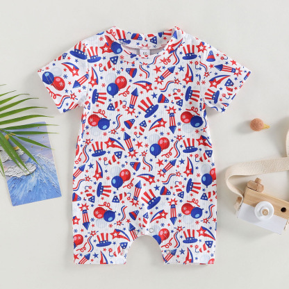 Baby Boy/Girl Independence Day Flag Print Crew Neck Short Sleeve Romper