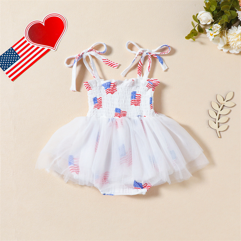 Baby Girl Independence Day Flag Print Halter Netting Sleeveless Bodysuit