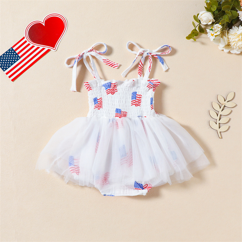 Baby Girl Independence Day Flag Print Halter Netting Sleeveless Bodysuit