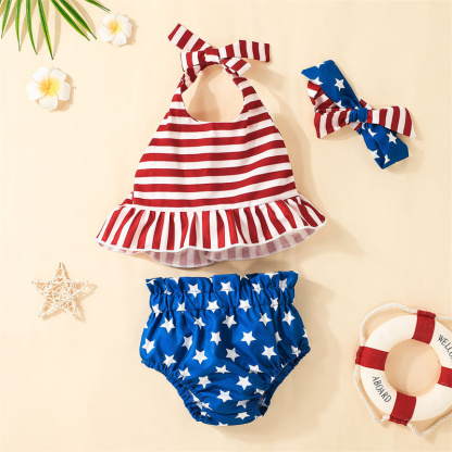 Baby Girl Independence Day Stripes and Stars Sling-shirt+ Pant + Hairband 3pcs Set