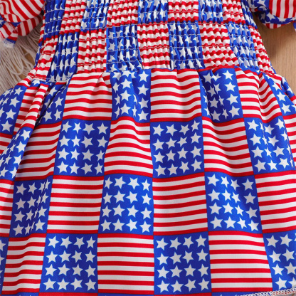 Baby Girl Independence Day Star Grid Short Sleeve Bodysuit with Hairband
