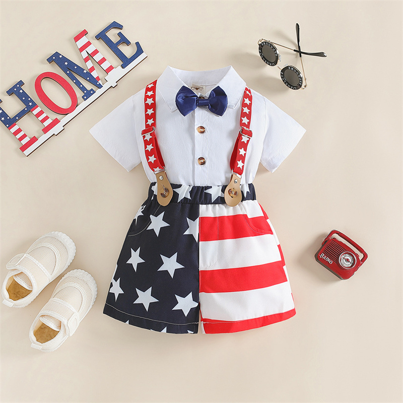 Baby Boys Independence Day Stars and streaks Gentlemen T-shirt+Suspenders 2pcs Set