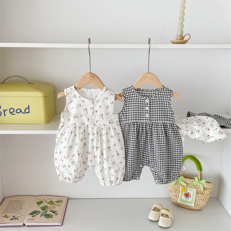 Baby Girl Floral Plaid Sleeveless Romper+ Hairband 2pcs set