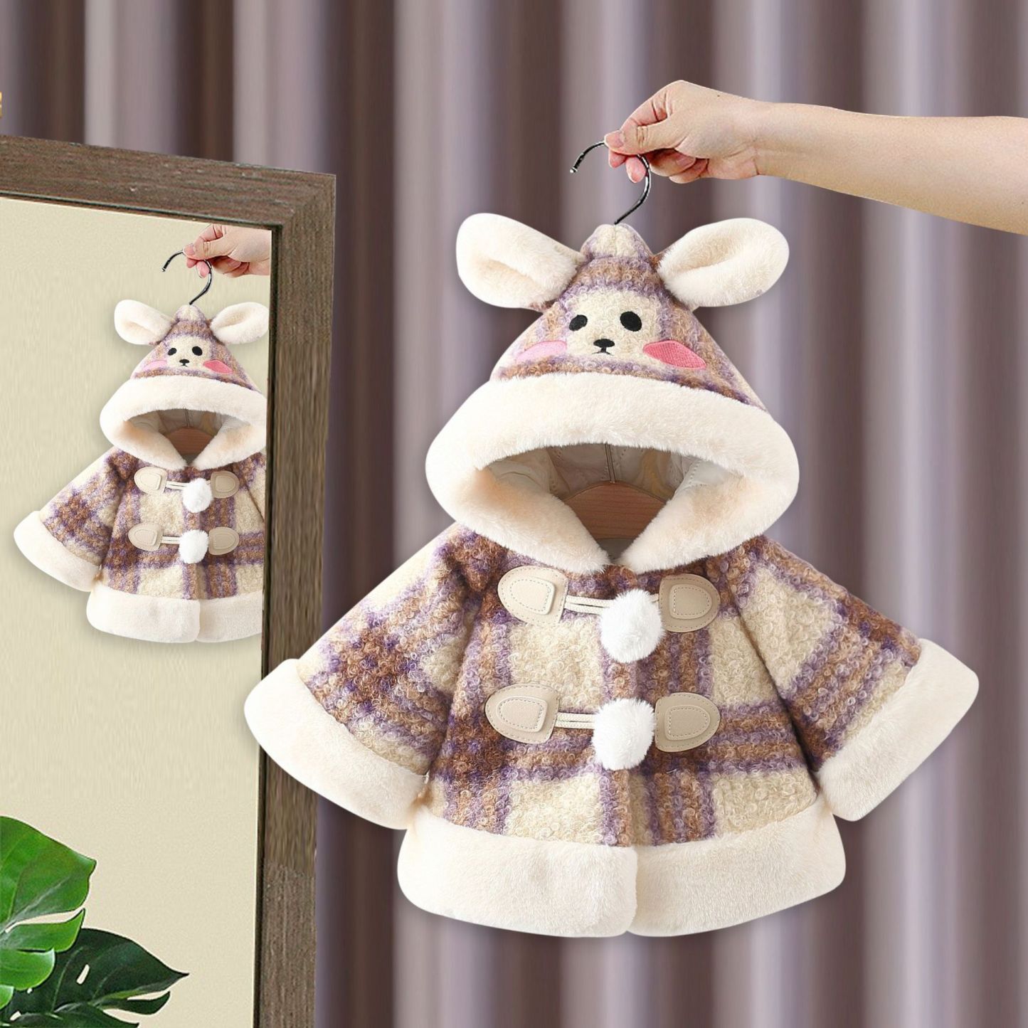 Baby Girl Warm Plaid Hooded Cape
