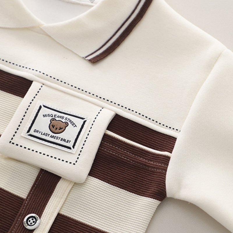 2pcs Baby Boy Cartoon Striped Sweatshirt Long Sleeve Lapel Set