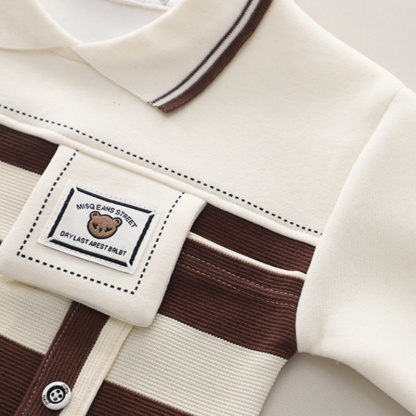 2pcs Baby Boy Cartoon Striped Sweatshirt Long Sleeve Lapel Set