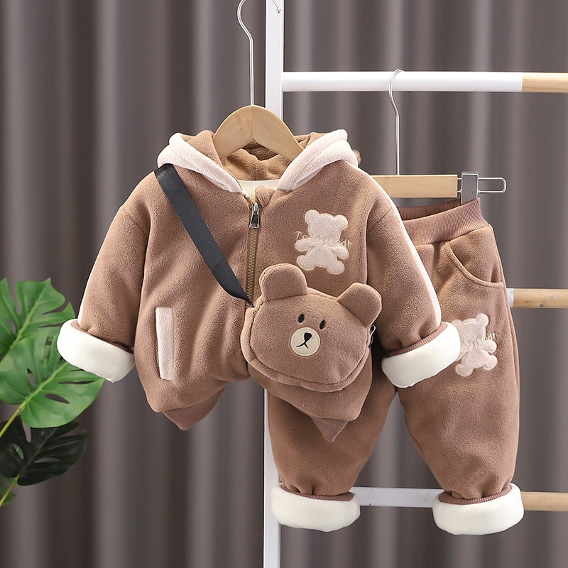 2pcs Baby Boy/Girl Bear Thickened Hooded with Bear Bag Set