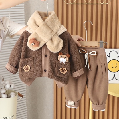 2pcs Baby Boy/Girl Bear Thickened Hooded with Scarf Set