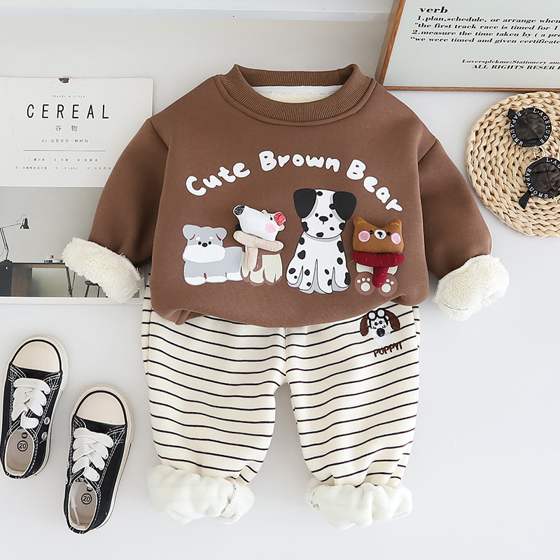 2pcs Baby Boy Cartoon Cute Puppy Padded Sweatshirt Set