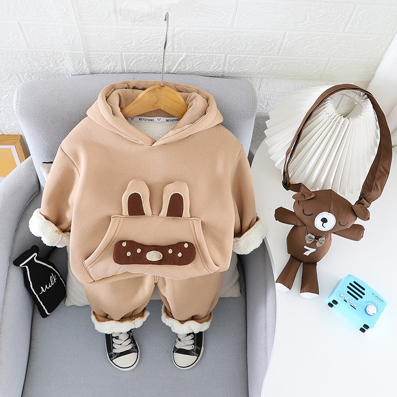 2pcs Baby Boy Padded Hooded Sweatshirt with Knot Bear Dolls Set