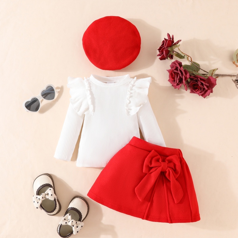 2pcs Baby Girl Pit Stripe Ruffle Long Sleeve Bowknot Padded Half Bodycon Dress With Beret Set