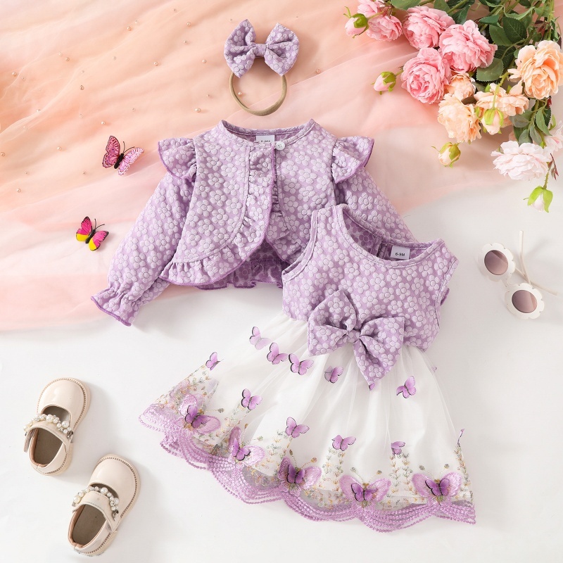 3pcs Baby Girl Ruffled Long Sleeve Jacket + Butterfly Mesh Vest Dress + Hairband Set
