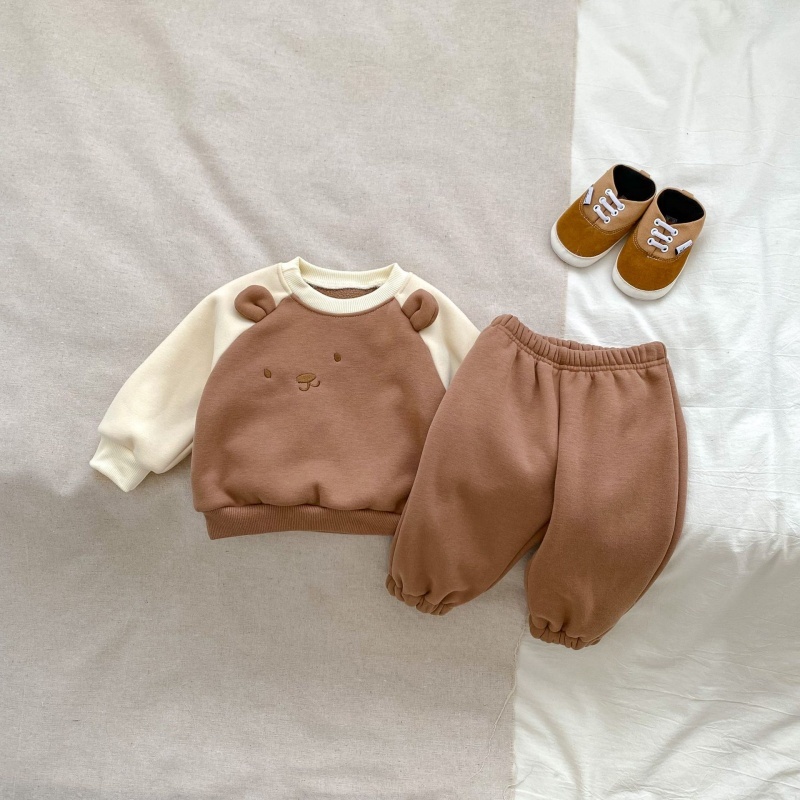2Pcs Baby Girl/Boy Cartoon Bear Clash Colour Padded Thickened Sweatshirt Set