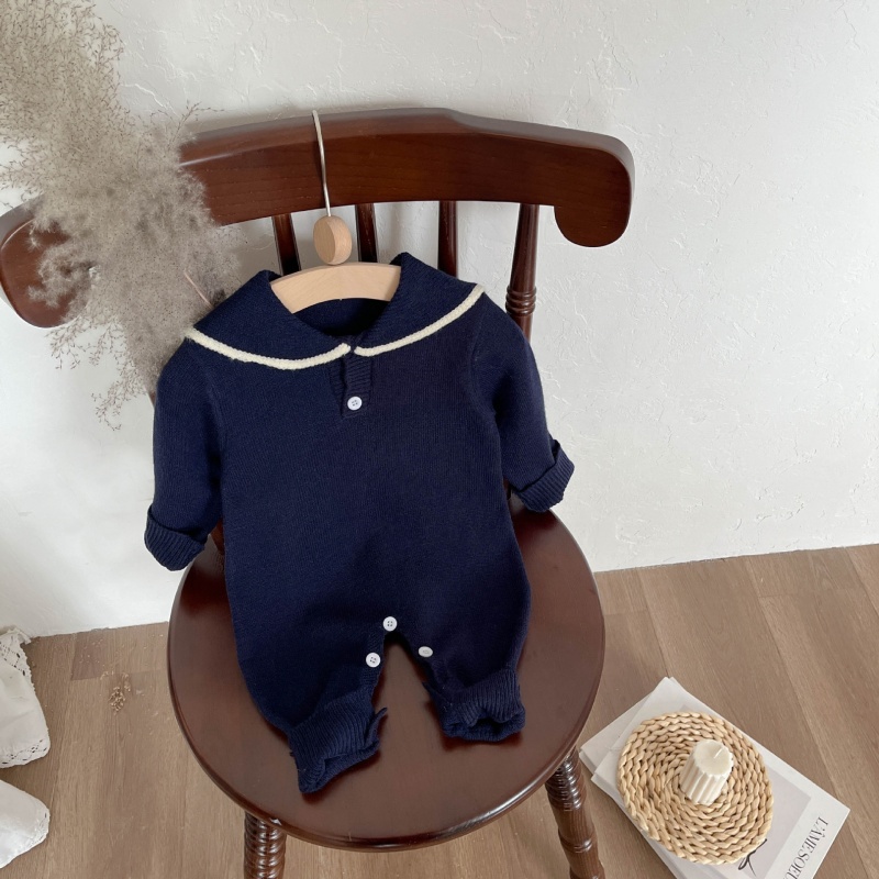 Baby Boy/Girl Knitted Navy Collar Long Sleeve Bodysuit 