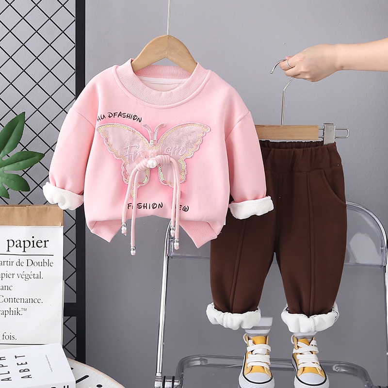 2pcs Baby Girl Butterfly Round Neck Sweatshirt Set