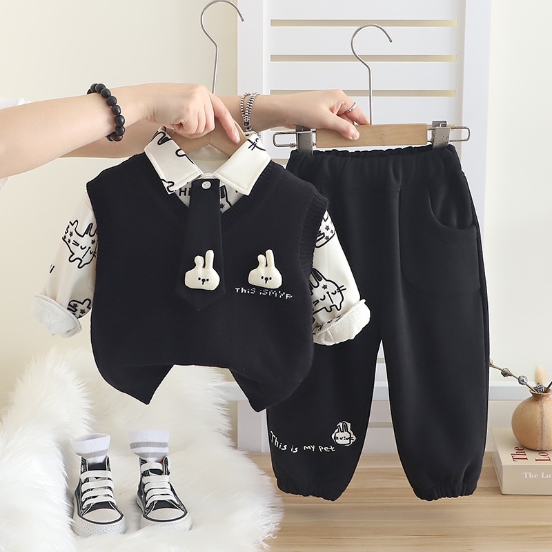 3pcs Baby Girl/Boy Cute Cartoon Thickened Sweater Vest Set