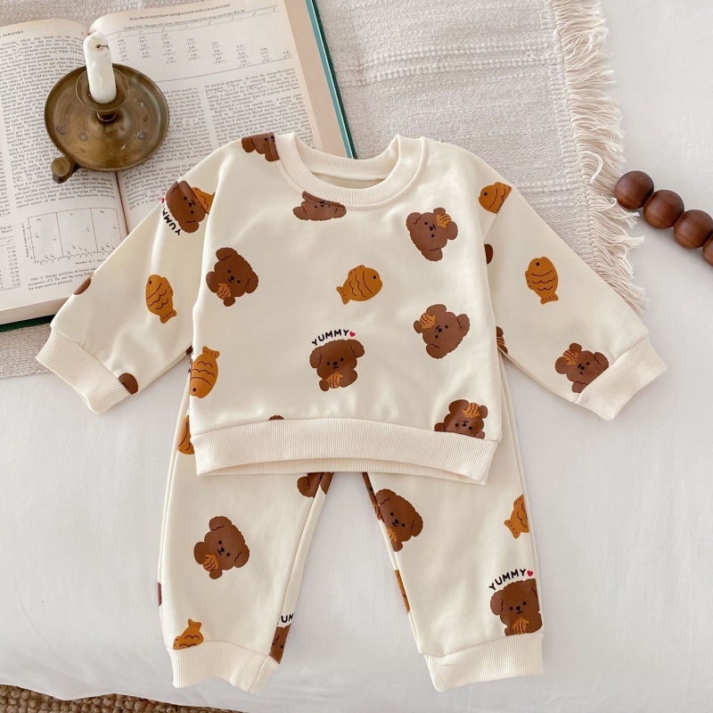 2pcs Baby Girl/Boy Full-printed Cartoon Bear Round Neck Long Sleeve Set