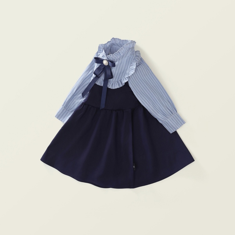 Baby Girl College Style False Two Piece Striped Clashing Long Sleeve Dress