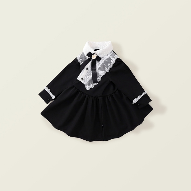Baby Girl Black Hepburn Style Lace Bow Long Sleeve Dress