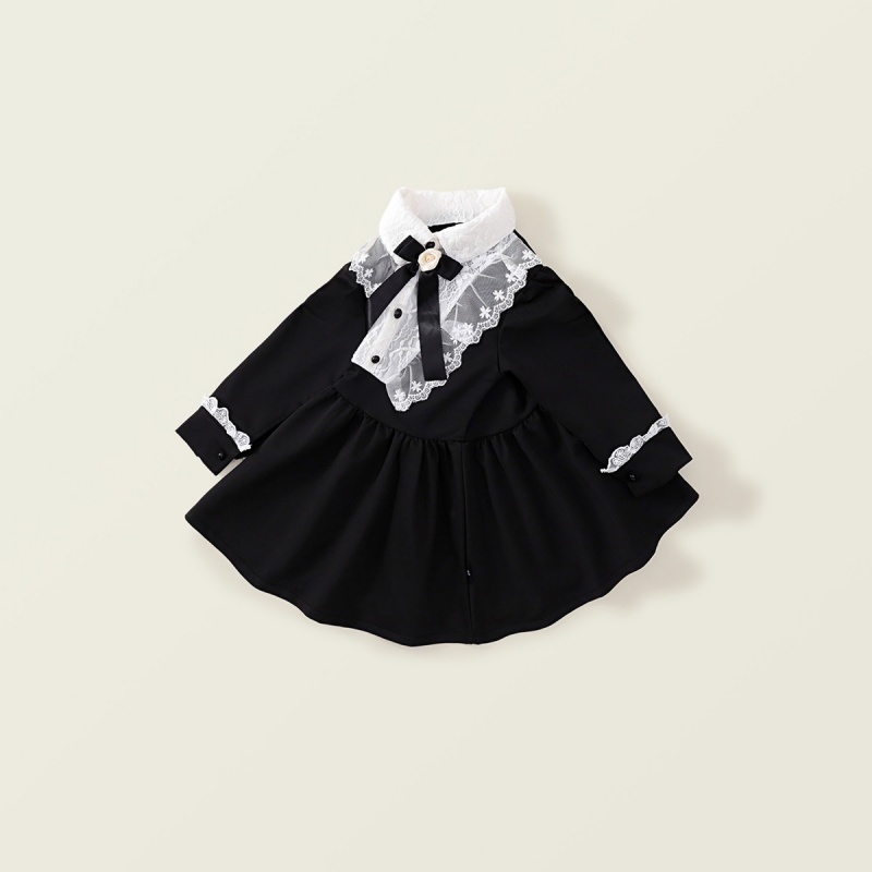 Baby Girl Black Hepburn Style Lace Bow Long Sleeve Dress
