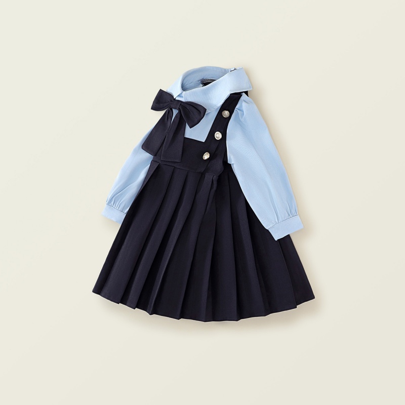 Baby Girl College Style Fake Two Piece Bow Long Sleeve Pleated Dress