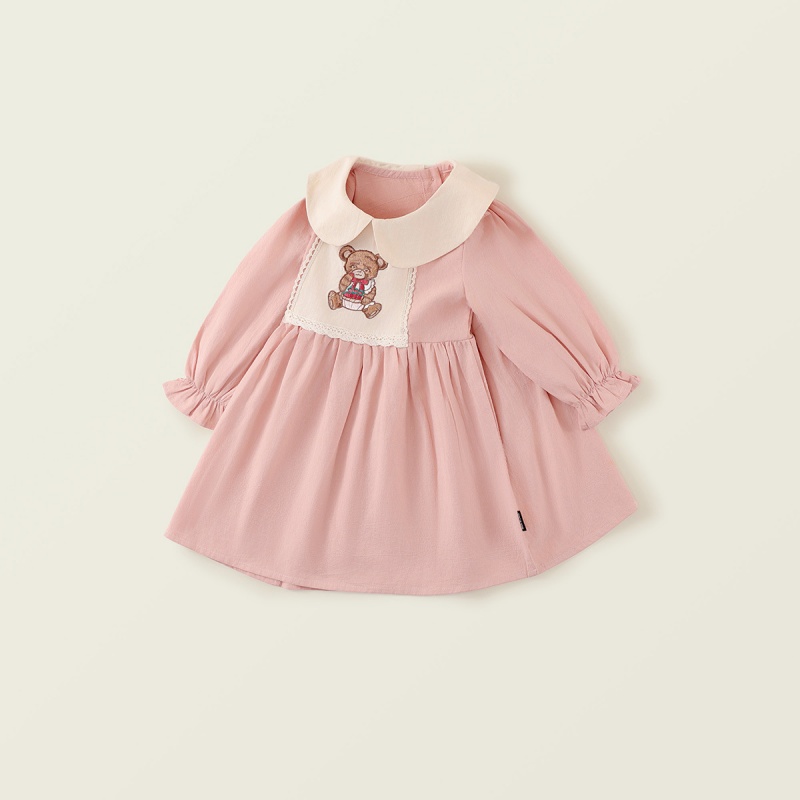 Baby Girl Babydoll Collar Bear Embroidery Long Sleeve Dresses