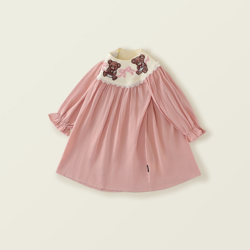 Baby Girl Pink Bubble Sleeve Bear Embroidered Long Sleeve Dresses