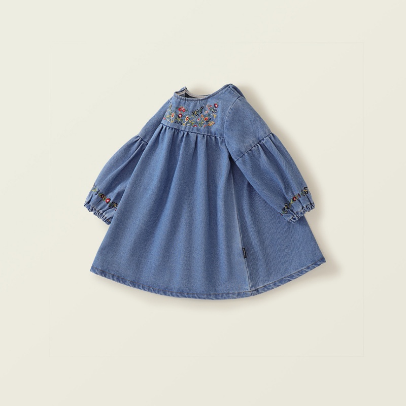 Baby Girl Ethnic Embroidered Denim Skirt Long Sleeve Dresses