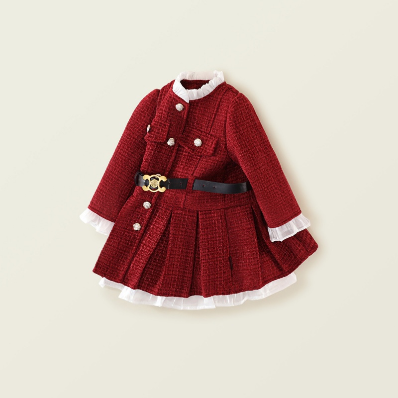 Baby Girl Tweed waisted padded and thickened pleated Long Sleeve Dress