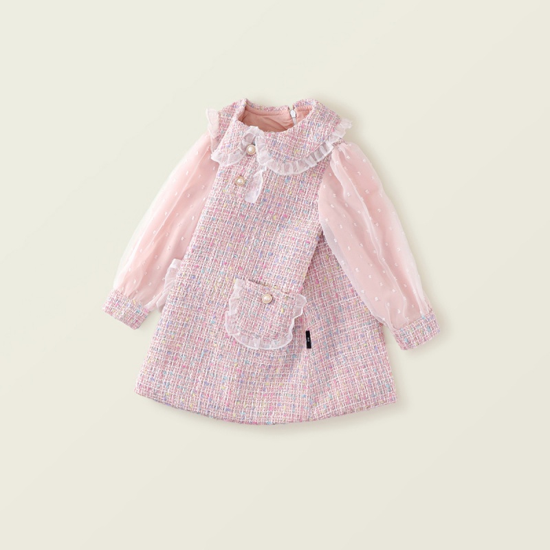Baby Girl Fake Two Lace Mesh Sleeves Long Sleeve Dress