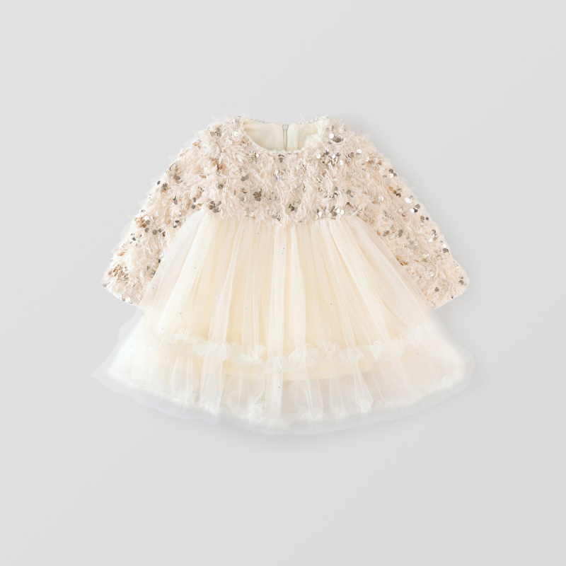 Baby Girl Fringe Trim Sequins Padded Long Sleeve Dress