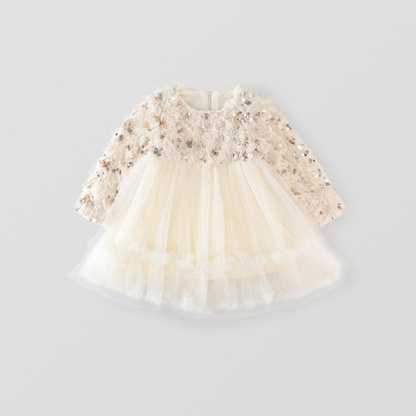 Baby Girl Fringe Trim Sequins Padded Long Sleeve Dress